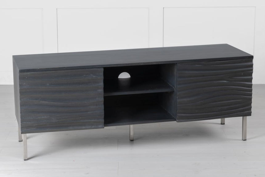 Wave Mango Wood TV Unit, Charcoal Grey Ripple Pattern 130cm Wide, Stand Upto 50in Plasma - 2 Door with 3 Shelf-3