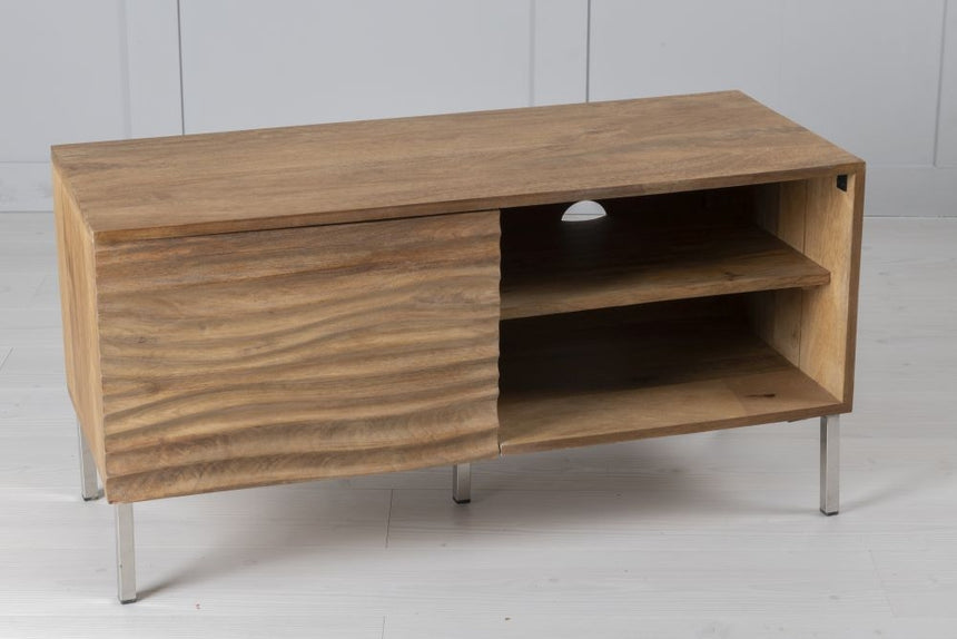 Wave Mango Wood TV Unit, Natural Ripple Pattern 100cm Wide, Stand Upto 32in Plasma - 1 Door with 2 Shelf-2