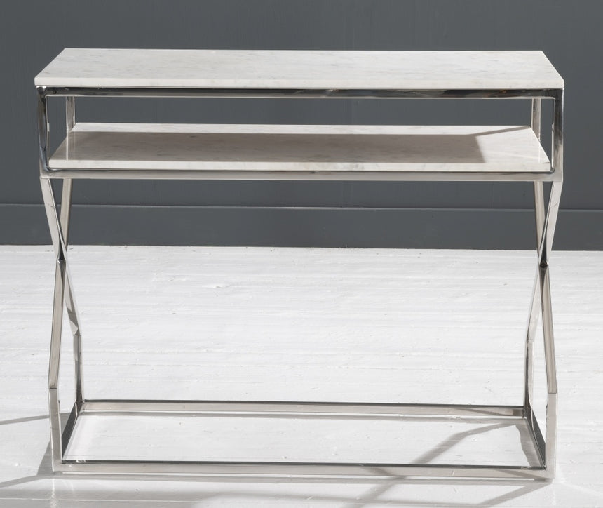 Crossroad Marble Console Table, White Top with Stainless Steel Chrome Frame-3