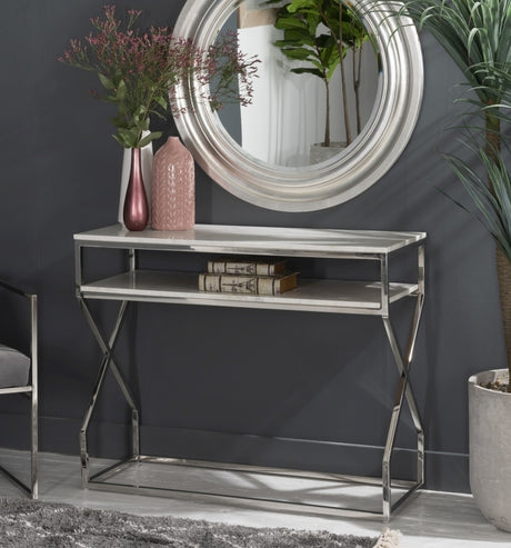 Crossroad Marble Console Table, White Top with Stainless Steel Chrome Frame-2