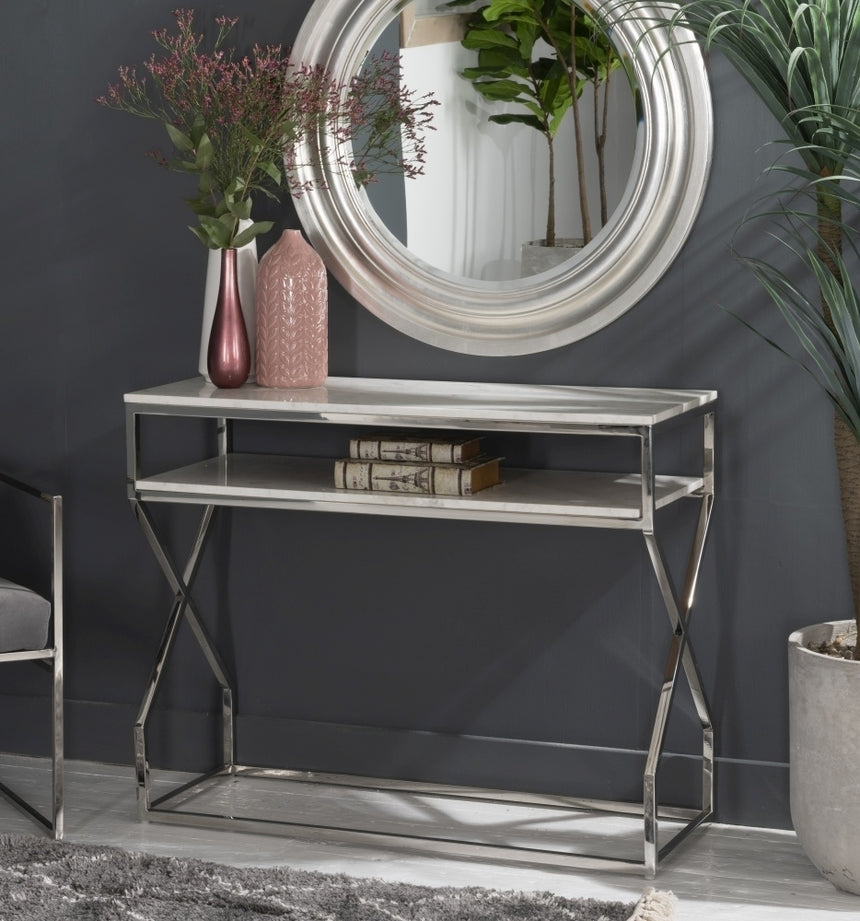 Crossroad Marble Console Table, White Top with Stainless Steel Chrome Frame-2