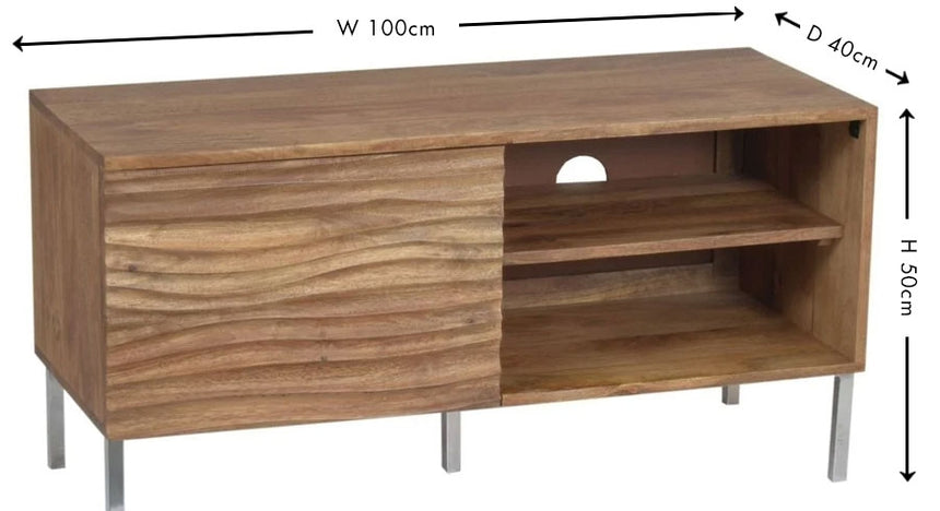 Wave Mango Wood TV Unit, Natural Ripple Pattern 100cm Wide, Stand Upto 32in Plasma - 1 Door with 2 Shelf-6