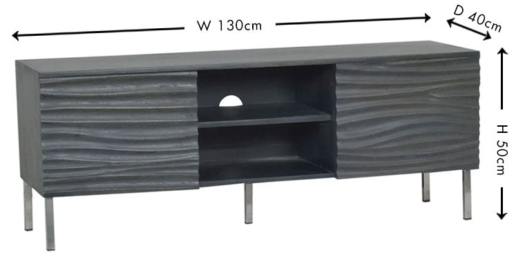 Wave Mango Wood TV Unit, Charcoal Grey Ripple Pattern 130cm Wide, Stand Upto 50in Plasma - 2 Door with 3 Shelf-7