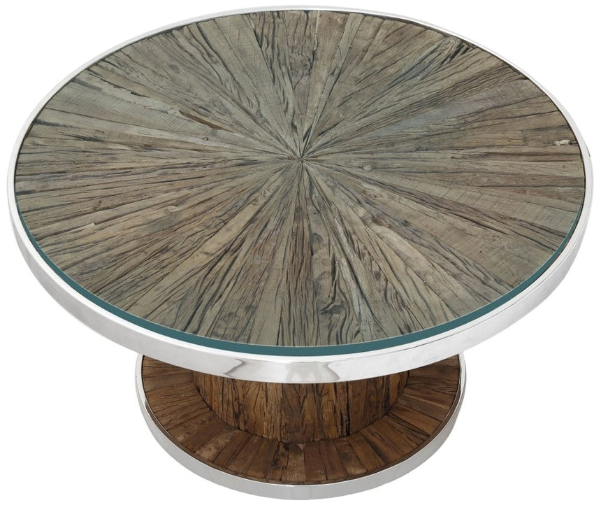 Railway Sleeper Coffee Table with Glass Top, Round Column Base, Made from Reclaimed Wood and Steel Trim-9