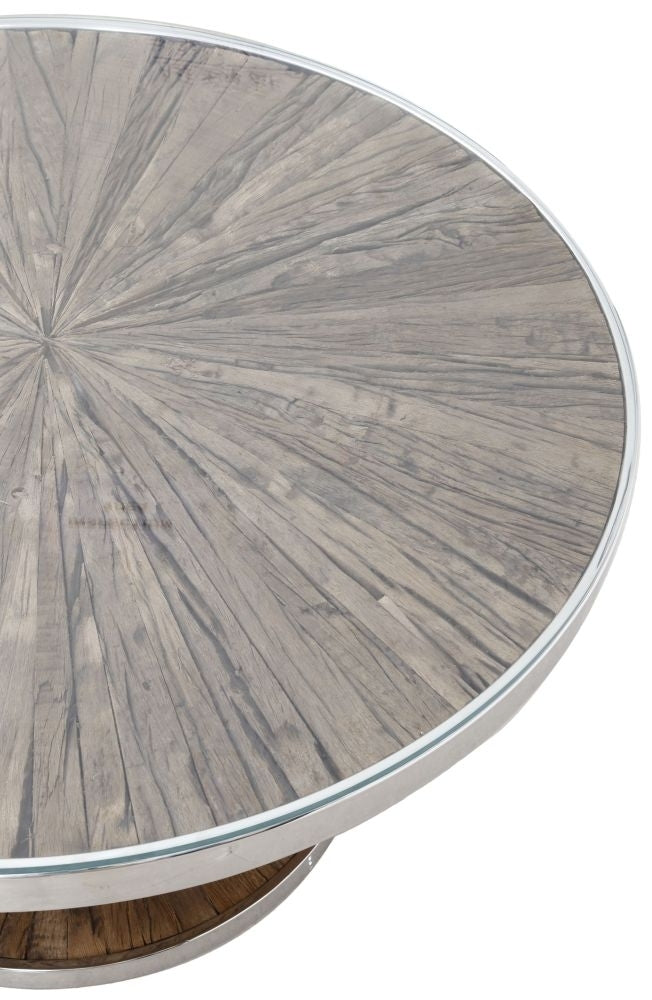 Railway Sleeper Coffee Table with Glass Top, Round Column Base, Made from Reclaimed Wood and Steel Trim-10