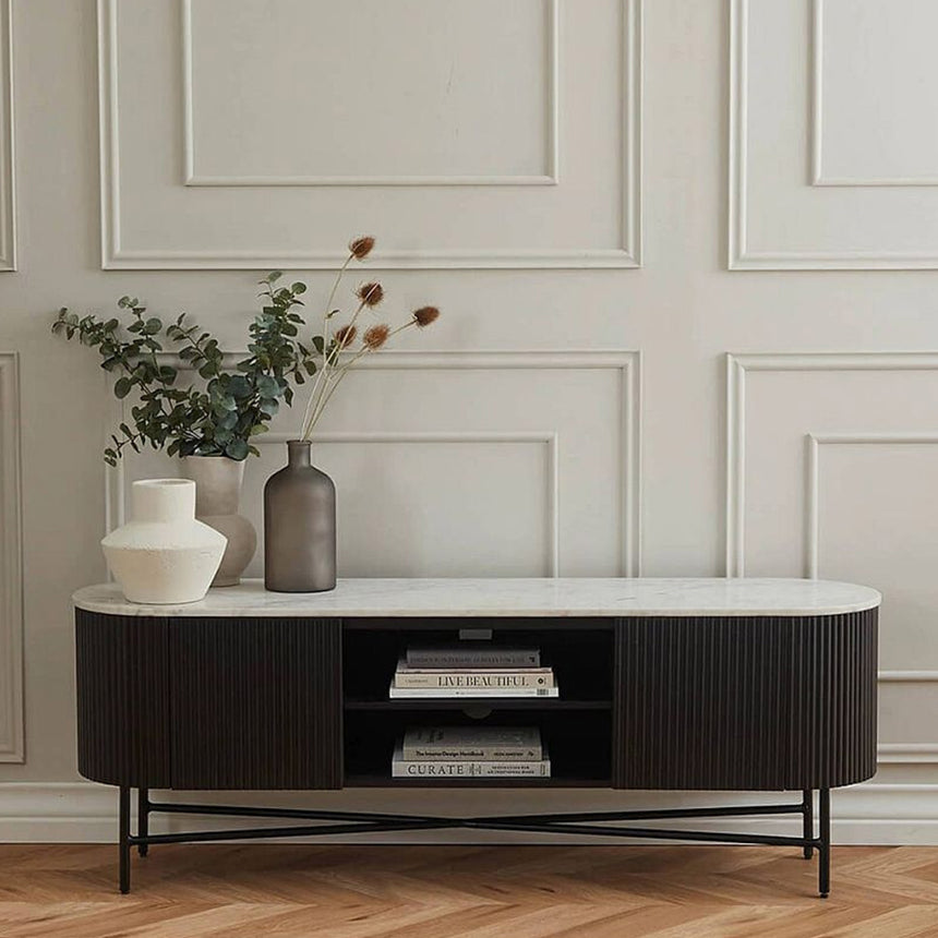 Lucas Black 150cm Fluted Curved TV Unit with White Marble Top