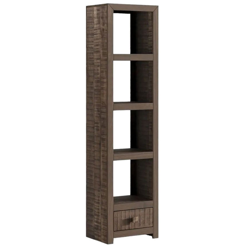 Dakota Mango Wood Narrow Bookshelf, Indian Dark Walnut Rustic Finish, 1 Drawer Bottom Storage Shelving Unit - Open Display Unit-2