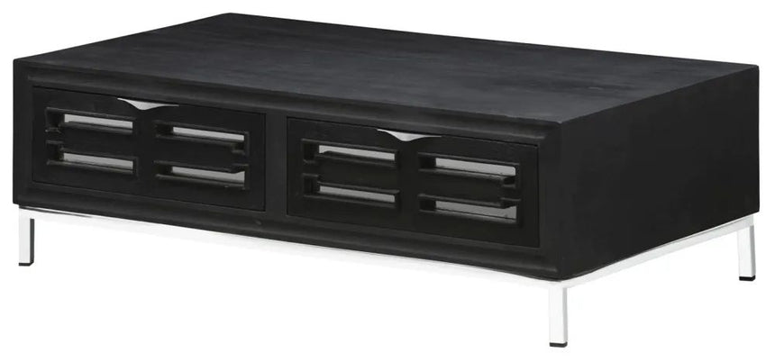 Geo Black Painted Mirrored Storage Coffee Table, Solid Mango Wood with Stainless Steel Chrome Base - 2 Drawers-4