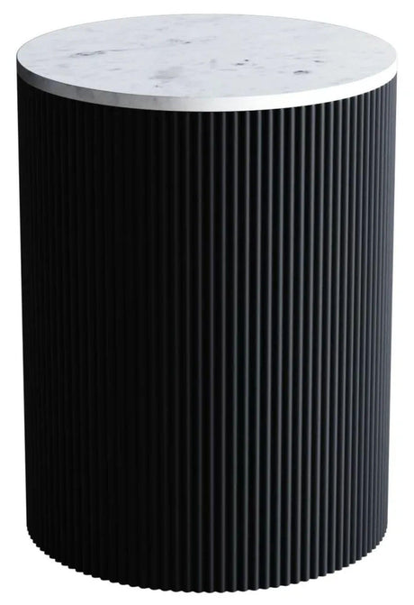 Clearance - Carra Marble Side Table White Round Top with Black Fluted Ribbed Drum Base - Brand New Item-2