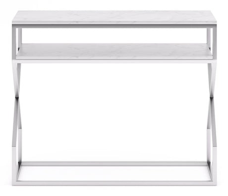 Scala White Marble Top and Chrome Console Table with Middle Shelf-2