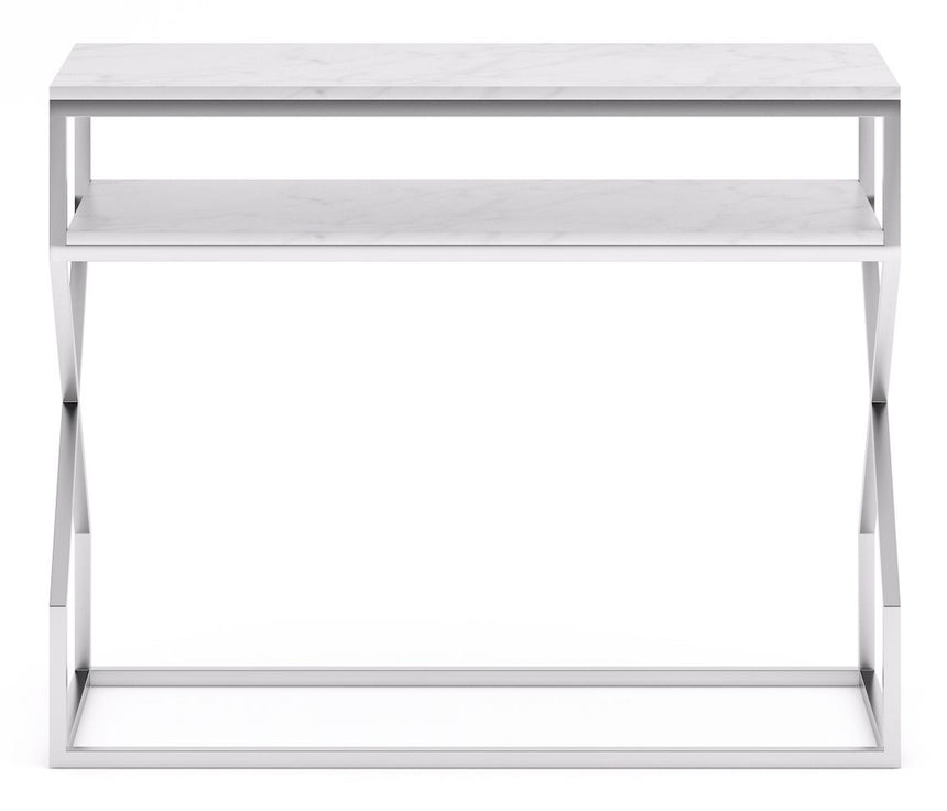 Scala White Marble Top and Chrome Console Table with Middle Shelf-2