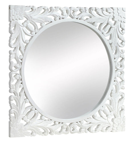 Boho White Carved Wooden Square Wall Mirror - 110cm x 110cm-2