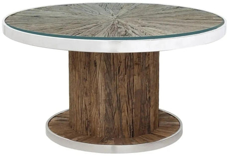Railway Sleeper Coffee Table with Glass Top, Round Column Base, Made from Reclaimed Wood and Steel Trim-2