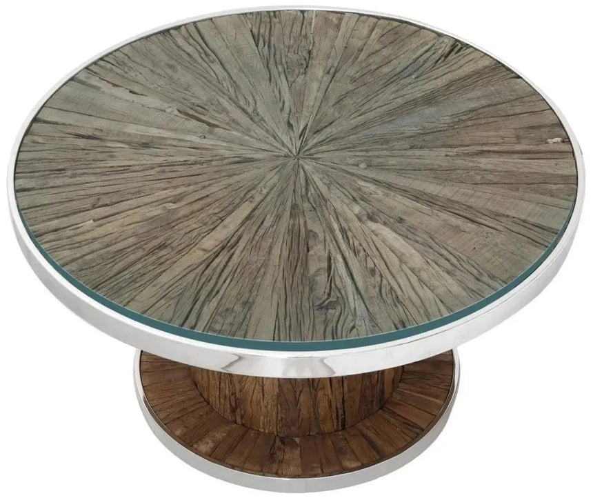 Railway Sleeper Coffee Table with Glass Top, Round Column Base, Made from Reclaimed Wood and Steel Trim-3
