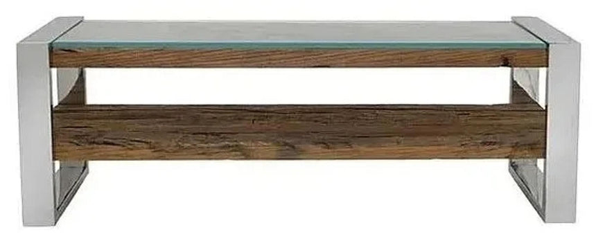 Railway Sleeper TV Bench with Glass Top, 120cm Open TV Unit, Stand Upto 50in Plasma, Made from Reclaimed Wood-2