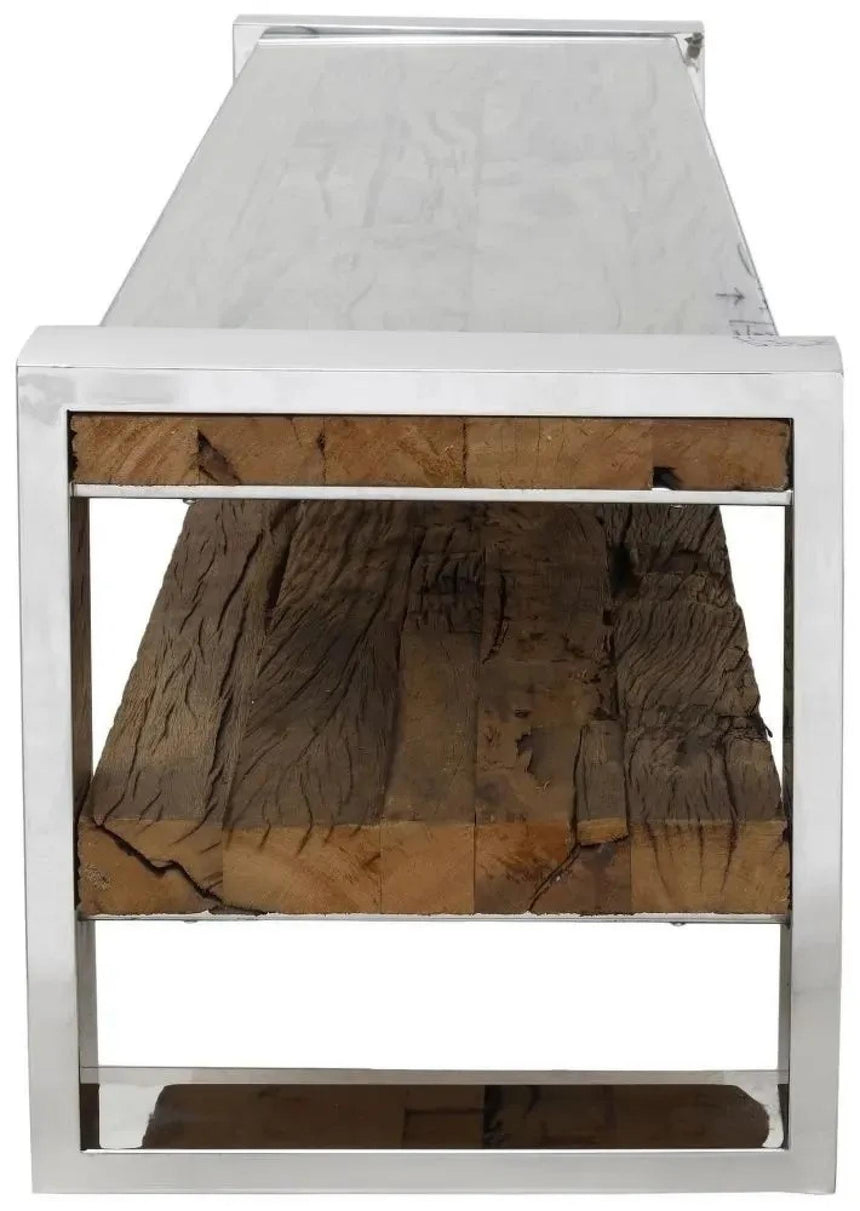 Railway Sleeper TV Bench with Glass Top, 120cm Open TV Unit, Stand Upto 50in Plasma, Made from Reclaimed Wood-3