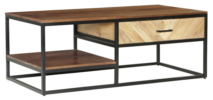 Rennes Chevron 1 Drawer Storage Coffee Table - Rustic Mango Wood-2