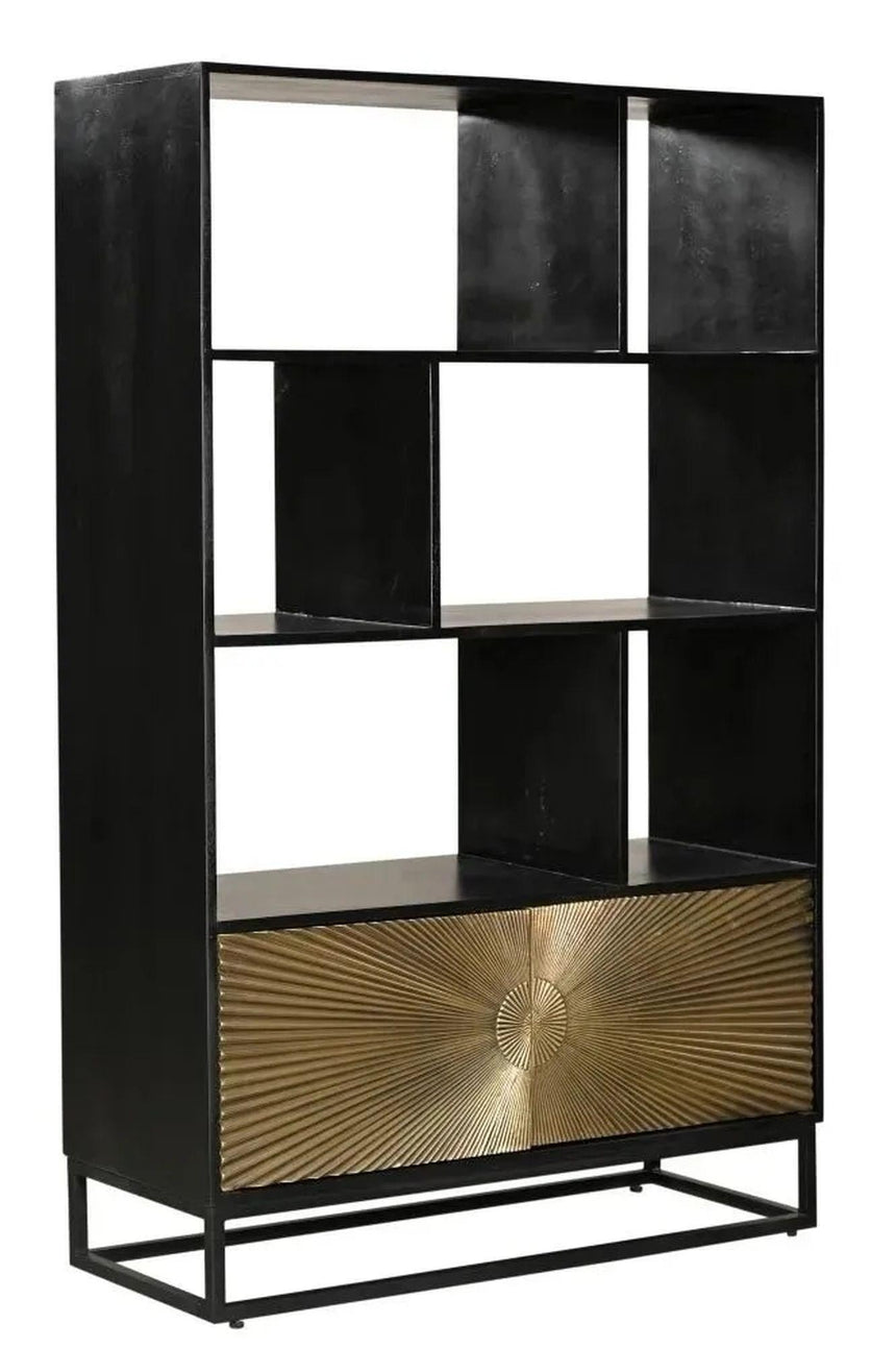 Luxe Black and Antique Gold Starburst Open Display Shelving Unit with Cupboard-2