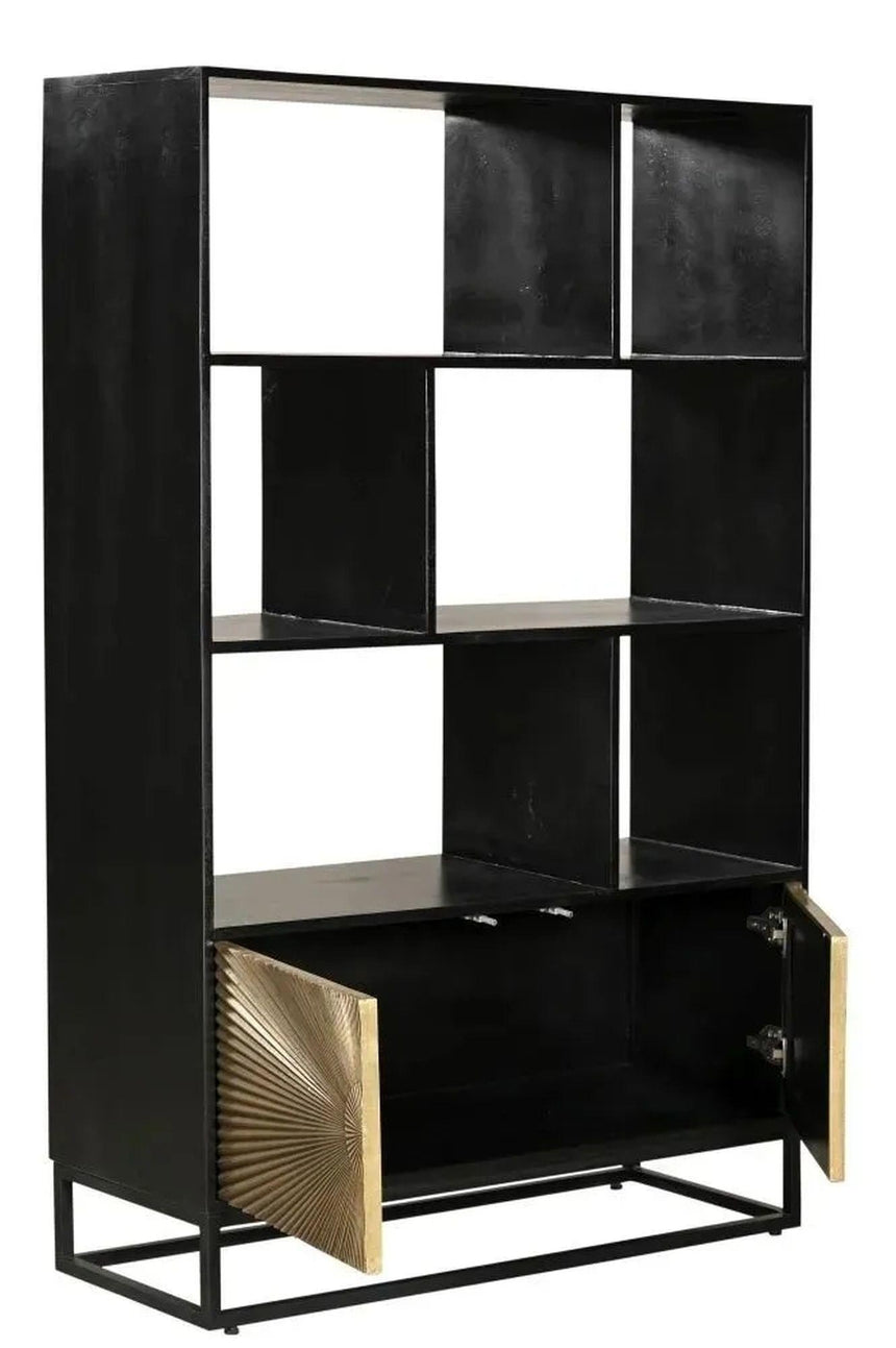 Luxe Black and Antique Gold Starburst Open Display Shelving Unit with Cupboard-3