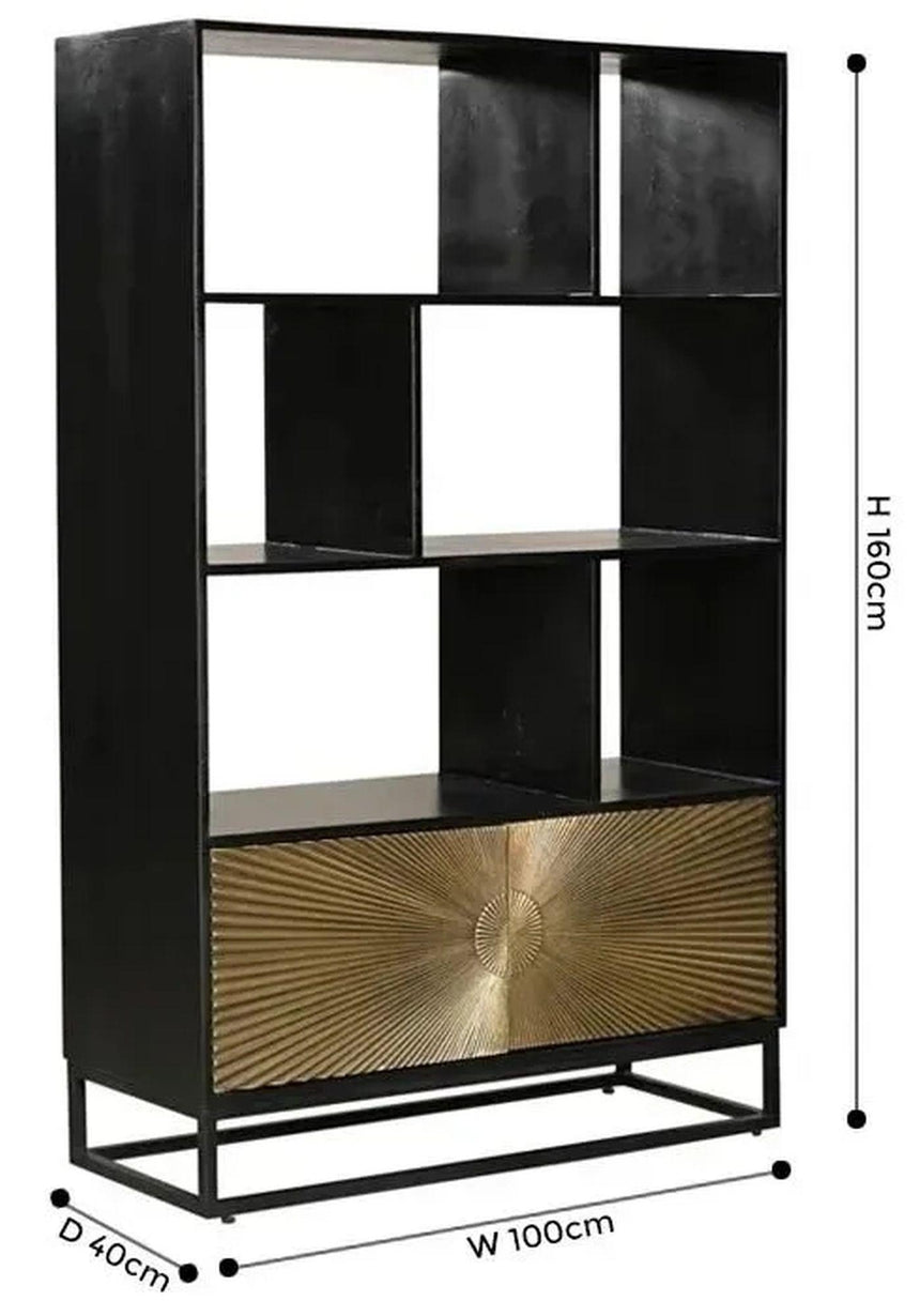 Luxe Black and Antique Gold Starburst Open Display Shelving Unit with Cupboard-4