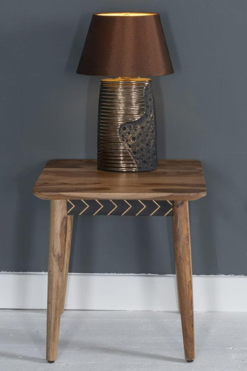 Luxuria Sheesham Wood Square End Table with Black Geometric Trim-2