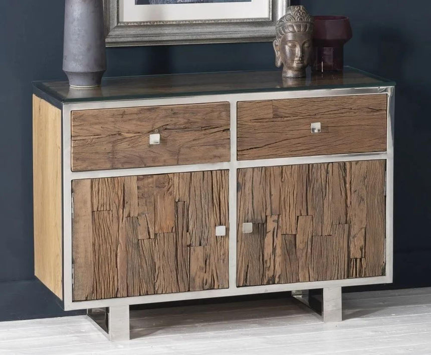 Railway Sleeper Gass Top 105cm Small Sideboard - 2 Doors-4