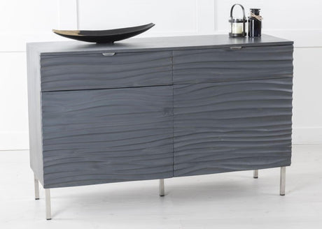 Ripple Grey Wave Mango Wood 120cm Small Sideboard with Black Geometric Trim - 2 Doors-2
