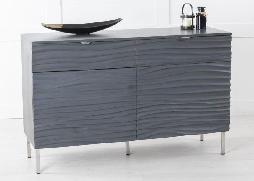 Ripple Grey Wave Mango Wood 120cm Small Sideboard with Black Geometric Trim - 2 Doors-2