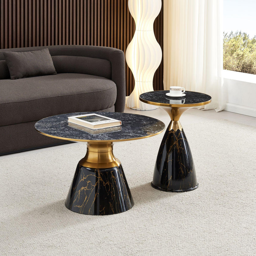 Hourglass Grey Ceramic Round Coffee Table with Black Base and Gold Trim-6