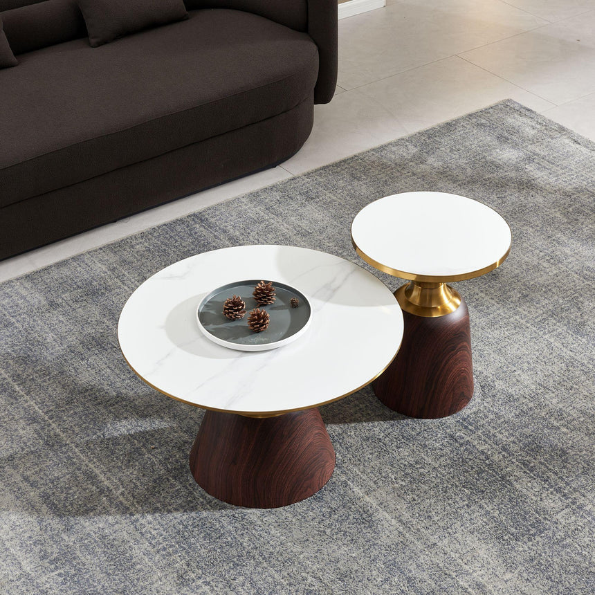 Hourglass White Ceramic Round Coffee Table with Walnut Base and Gold Trim-7