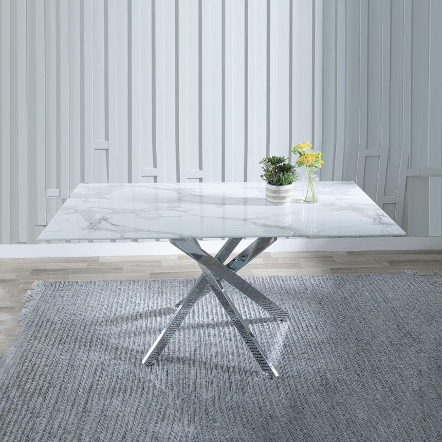 Clearance - Chopstick 6 Seater White Glass Dining Table with Chrome Metal Legs - 150cm-3