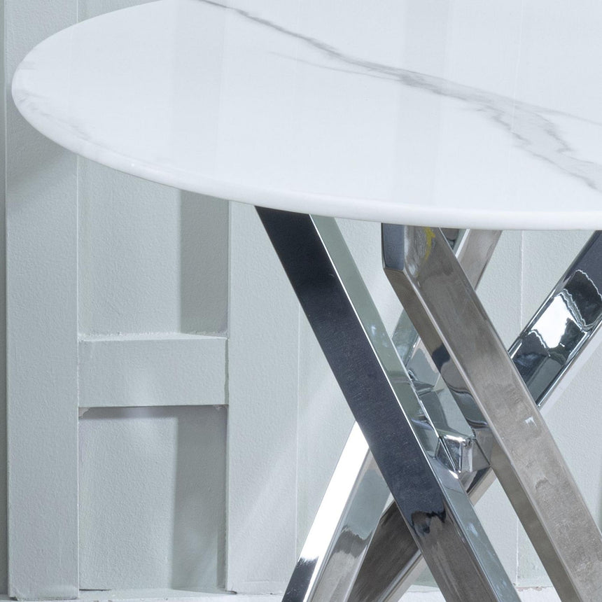 Clearance - Chopstick White Glass Round Side Table with Chrome Metal Legs-3