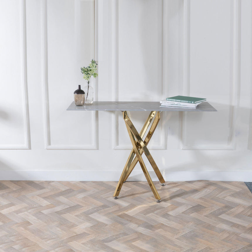 Clearance - Chopstick Grey Glass Console Table with Gold Metal Legs-4