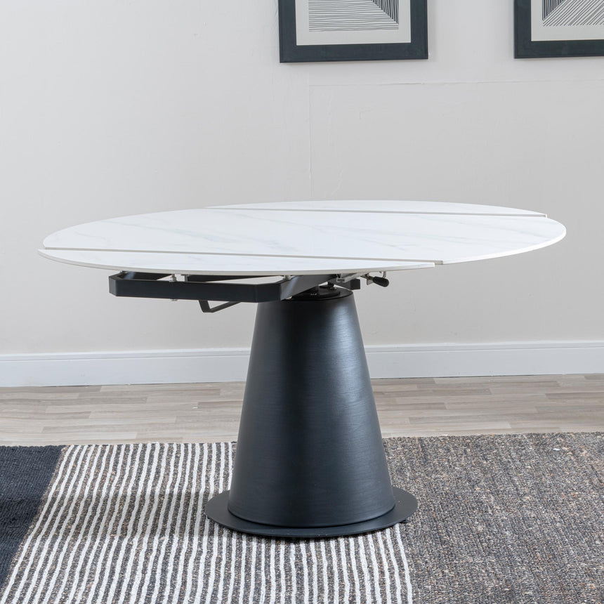 Carrara 4-6 Seater White Ceramic Round Swivel Motion Extending Dining Table with Black Pedestal Base - 135cm-3