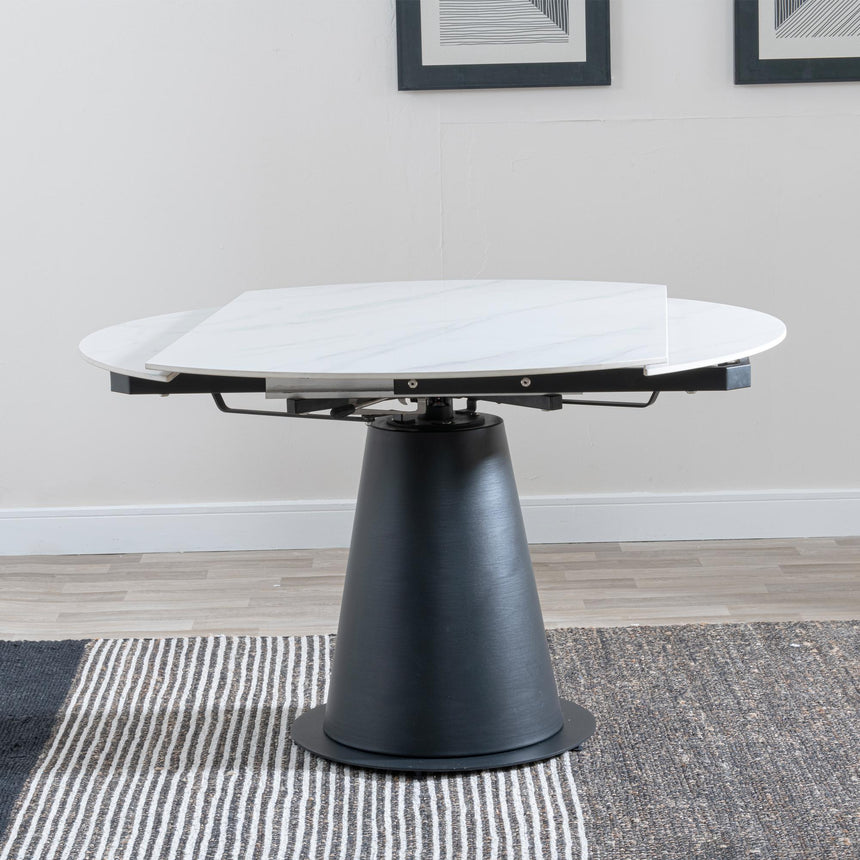 Carrara 4-6 Seater White Ceramic Round Swivel Motion Extending Dining Table with Black Pedestal Base - 135cm-4