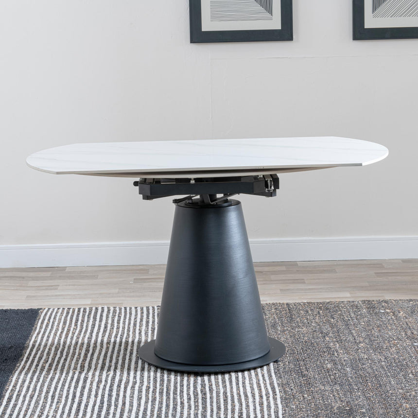 Carrara 4-6 Seater White Ceramic Round Swivel Motion Extending Dining Table with Black Pedestal Base - 135cm-7