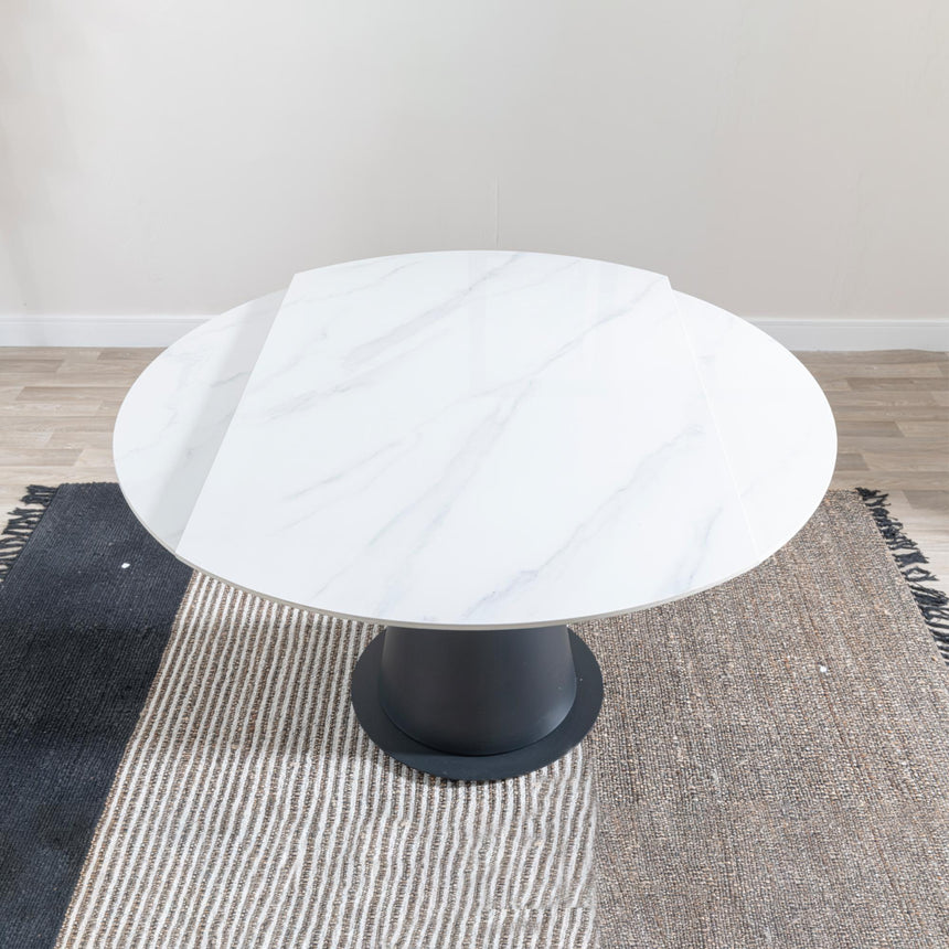 Carrara 4-6 Seater White Ceramic Round Swivel Motion Extending Dining Table with Black Pedestal Base - 135cm-11