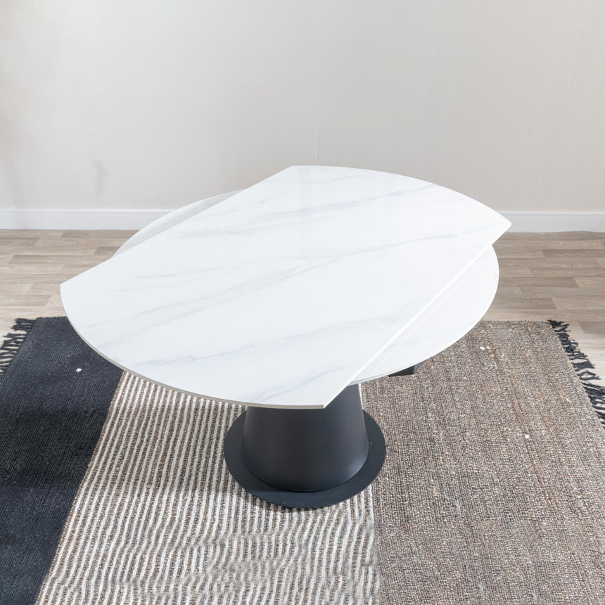 Carrara 4-6 Seater White Ceramic Round Swivel Motion Extending Dining Table with Black Pedestal Base - 135cm-12