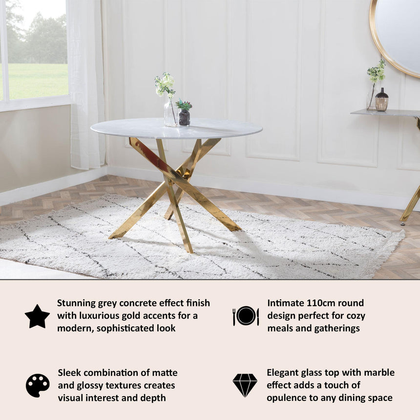 Clearance - Chopstick 4 Seater Grey Glass Round Dining Table with Gold Metal Legs - 110cm-8