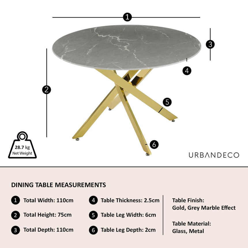 Clearance - Chopstick 4 Seater Grey Glass Round Dining Table with Gold Metal Legs - 110cm-9