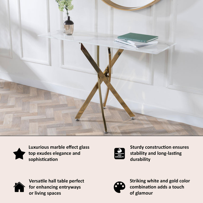 Clearance - Chopstick White Glass Console Table with Gold Metal Legs-9
