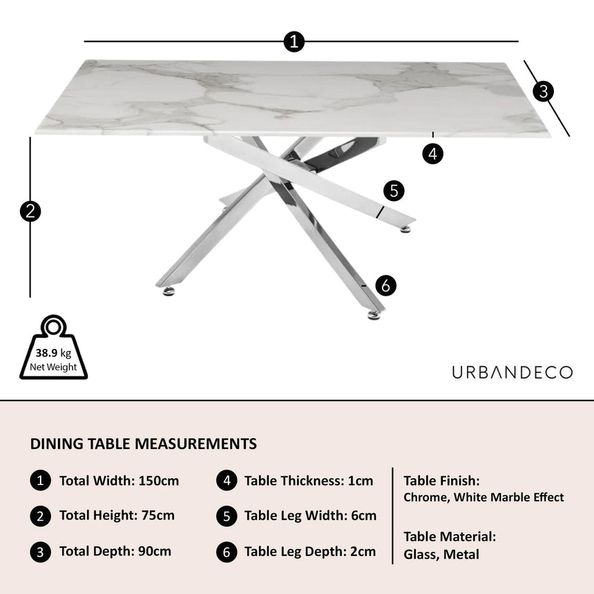 Clearance - Chopstick 6 Seater White Glass Dining Table with Chrome Metal Legs - 150cm-10