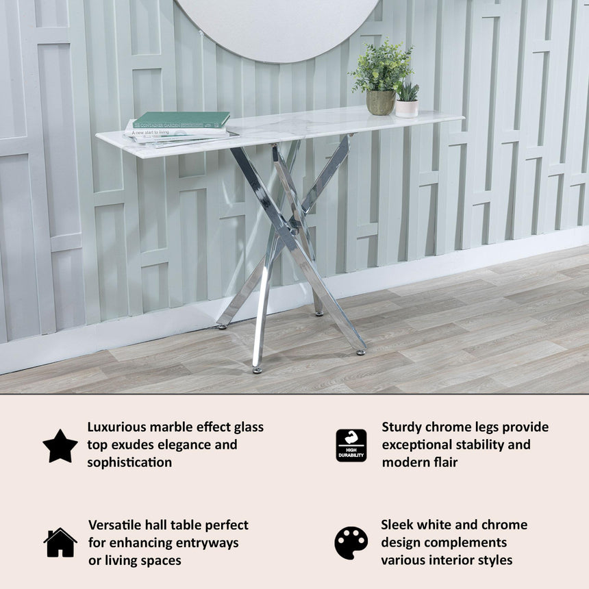 Clearance - Chopstick White Glass Console Table with Chrome Metal Legs-9