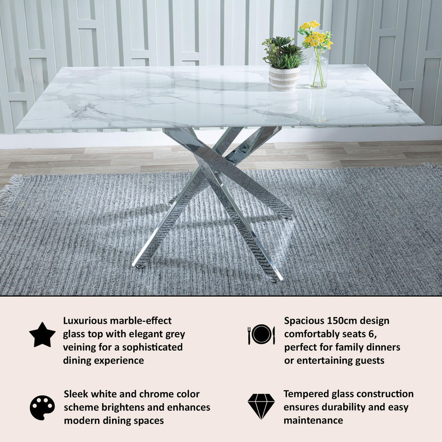Clearance - Chopstick 6 Seater White Glass Dining Table with Chrome Metal Legs - 150cm-9