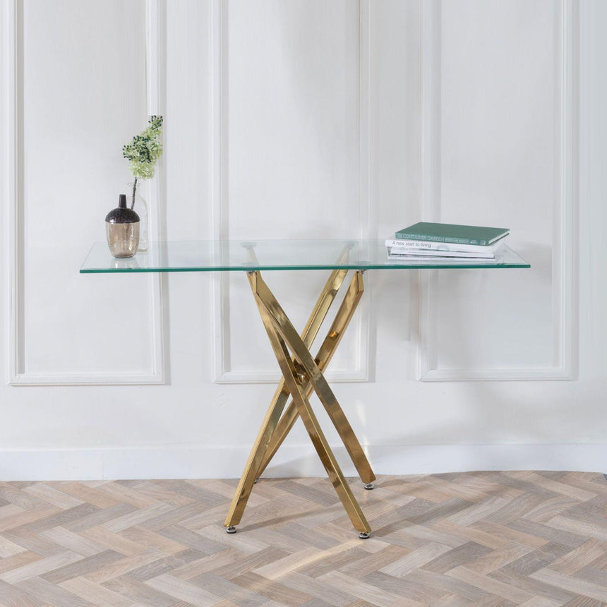 Clearance - Chopstick Clear Glass Console Table with Gold Metal Legs-2