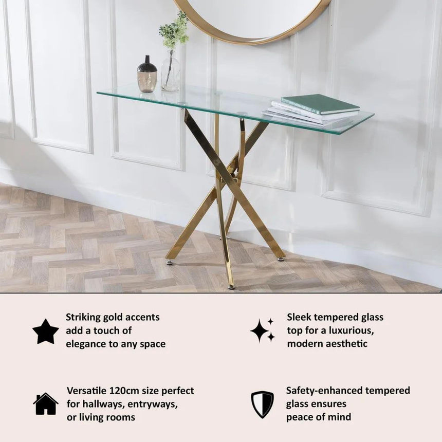 Clearance - Chopstick Clear Glass Console Table with Gold Metal Legs-8