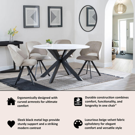 Ion Beige Velvet Fabric Swivel Dining Chair with Black Legs-2