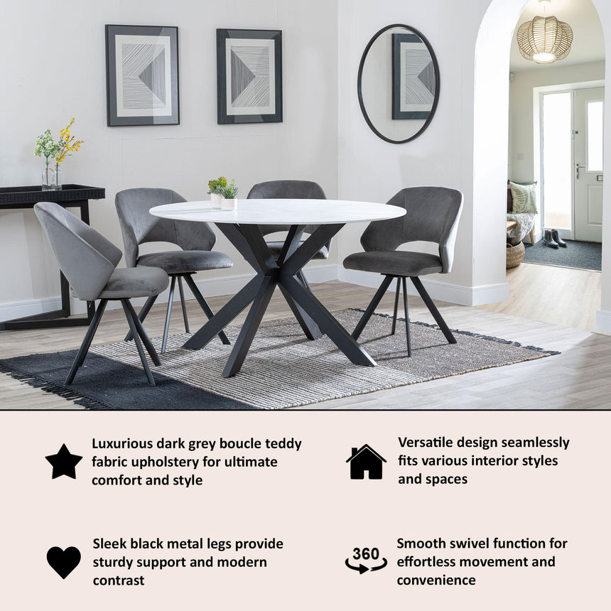 Ion Dark Grey Velvet Fabric Swivel Dining Chair with Black Legs-4