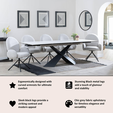 Theo Grey Fabric Swivel Dining Armchair with Black Legs-9