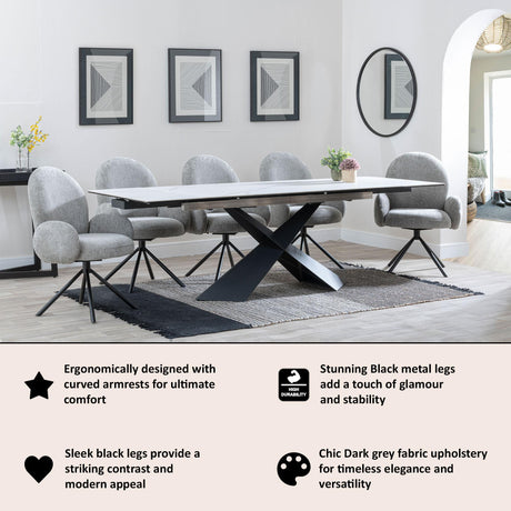 Theo Dark Grey Fabric Swivel Dining Armchair with Black Legs-3